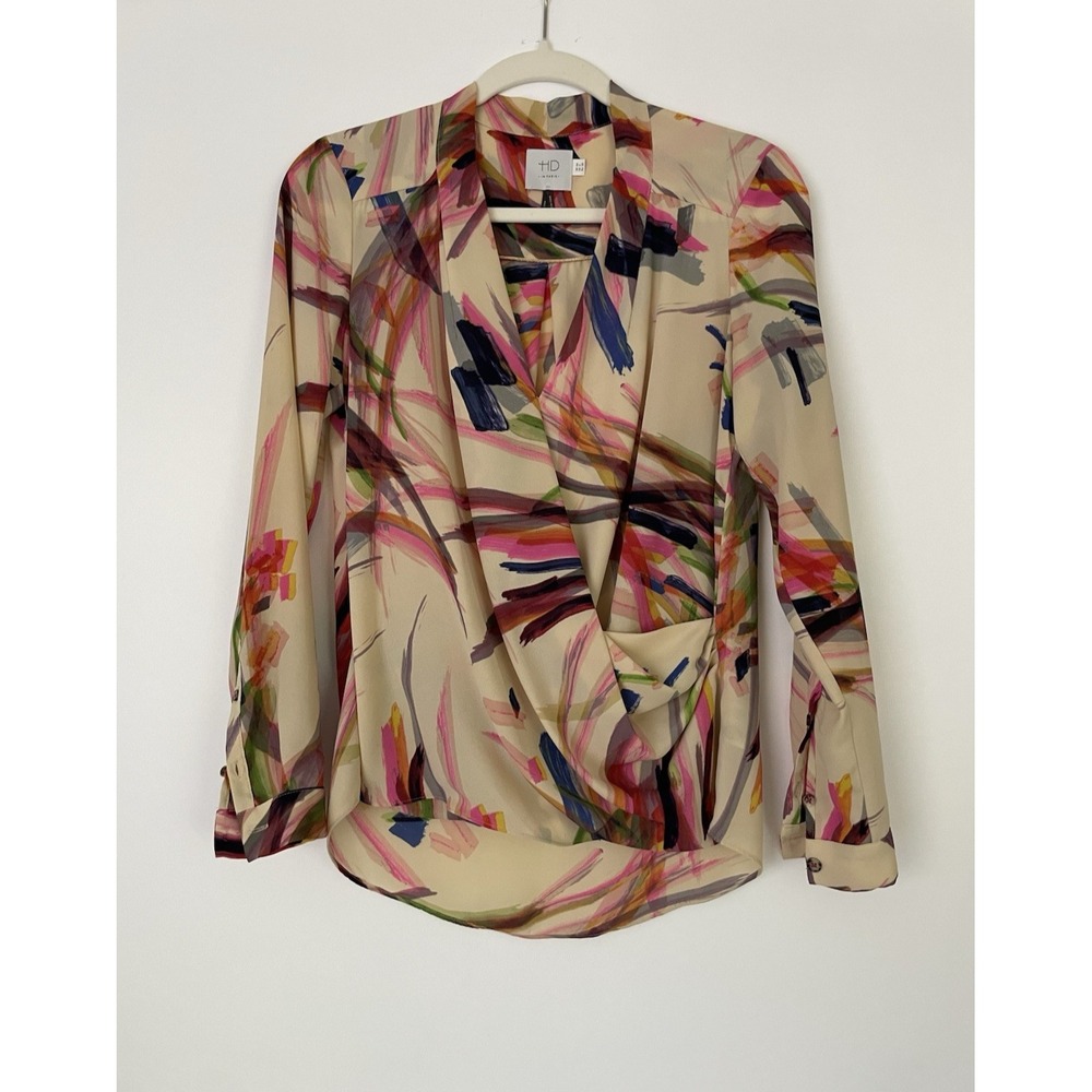 Anthropologie HD‎ in Paris Camille Beige Watercolor Faux Wrap Blouse Size 0